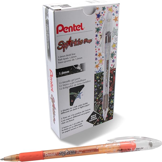 Pentel Sparkle Pop Metallic Gel Pen, (1.0mm) Bold Line, Orange/Yellow, Box of 12 Pens (K91-DF)