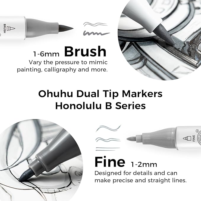 Ohuhu Alcohol Markers Brush Tip Grey-tone - Double Tipped Alcohol Based Art Marker Set for Artist Adults' Coloring Illustration Shading - 36 Grayscale Colors w/ 1 Blender - Fine & Brush - Honolulu B