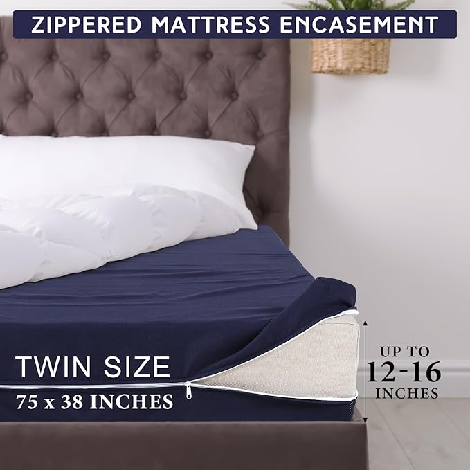 Zippered Mattress Fitted Protector Deep Mattress Encasement Soft Zipper Fitted Sheet Microfiber Bed Sheet Cover for Bed(Navy Blue,Twin,12-16in)