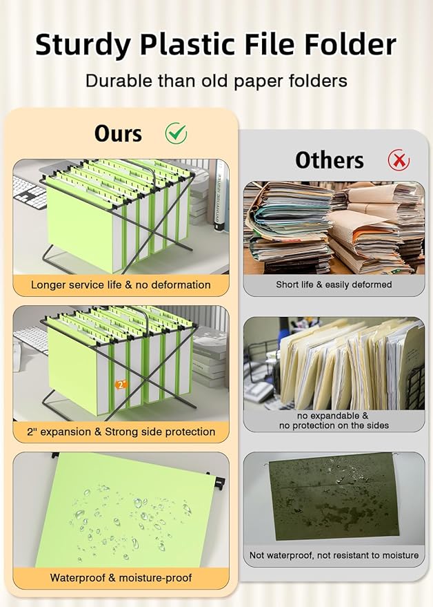 Hanging File Folders Letter Size, Hanging Folders 2 Inch Expandable 12 Pack Extra Capacity File Folders Hanging with Tabs, Plastic Hanging Files Folder for School Office Supplies, Mustard Green