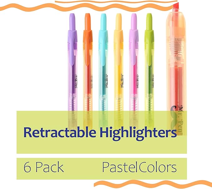 Mr. Pen- Retractable Highlighters, 6 Pack, Pastel Colors, Chisel Tip, No Smear Click Highlighter, Bible Journaling, Mild Markers, Pens