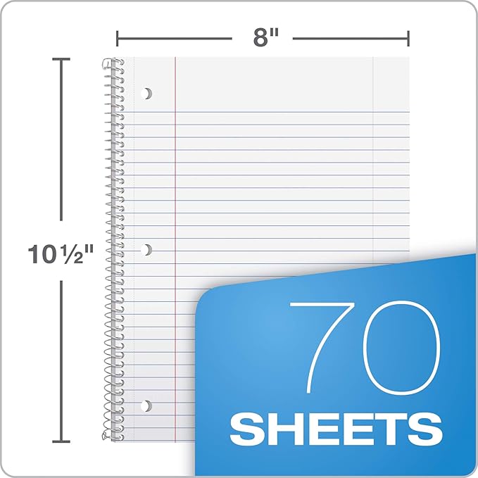 Oxford 1-Subject Notebooks, School Journal, 8 x 10-1/2 Inch, Wide Rule Paper, 70 Sheets, 3-Hole Punch, 3 Count, Red, Blue, Green, Color Assortment May Vary (65029) (Pack of 8)