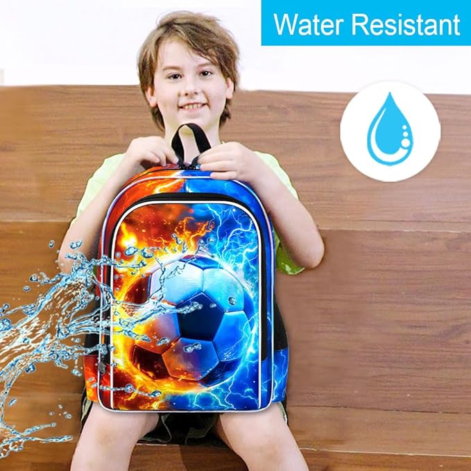 gxtvo 3PCS Soccer Backpack for Kids, 17" Boys Bookbag with Lunch Box, Water Resistant Middle Elementary School Bag - Fire & Lightning Soccer