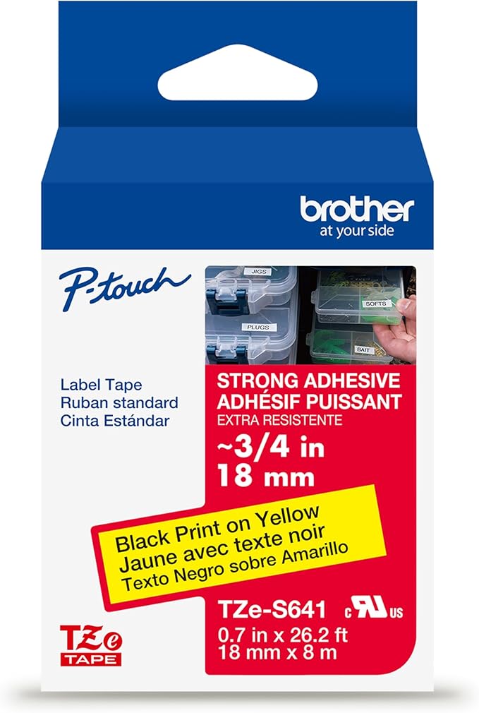 Brother Genuine P-Touch TZe Black Print on Yellow Label Tape (TZeS641), Strong Adhesive Laminated,3/4in x 26.2ft (18mm x 8m), for Select P-Touch Label Makers, Water-Resistant, Extra Strength