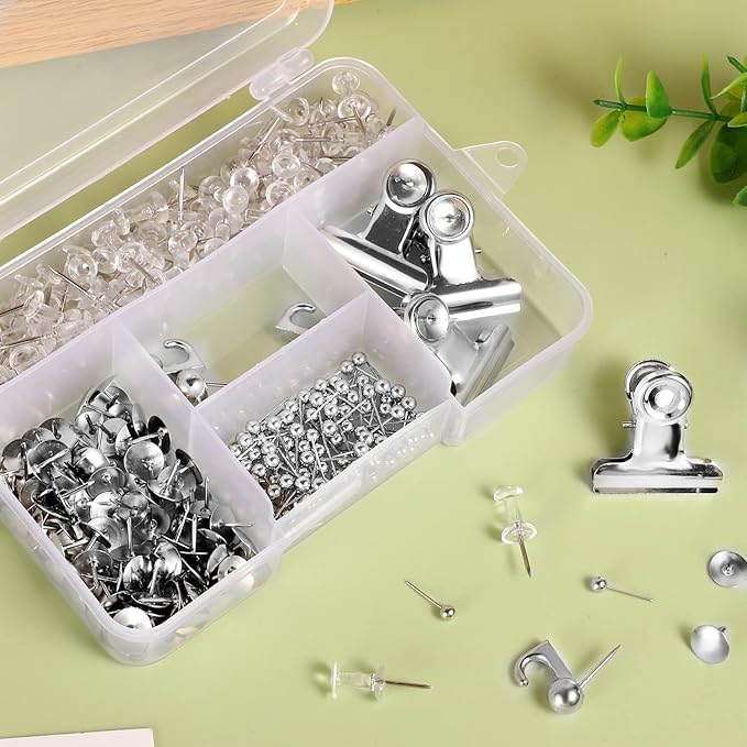 310 Pcs Silver Push Pins Set, Thumb Tacks Decorative Push Pins for Cork Board with Push Pin Hook Pushpin Clip 5 Style Office Accessories for Cork Board Map Office (Silver)