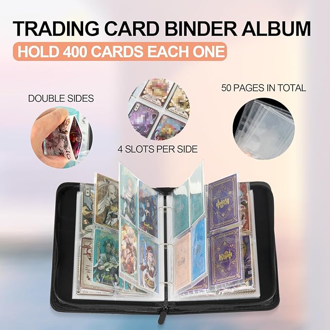 Collectible Trading Card Albums,4 Pocket Card Binder, 400 Double Sided Pocket PU Premium Zip Trading Collection Binderwith 50 Removable Sleeves, Card Folder forTCG, Sports Cards (Blue)