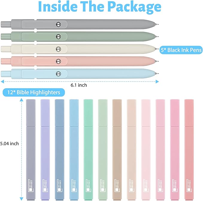 12 Pastel No Bleed Bible Highlighters and 5 Black Pens Set, Cute Aesthetic Assorted Colors Markers for Bible Studying Journaling Office School Supplies, Quick Dry