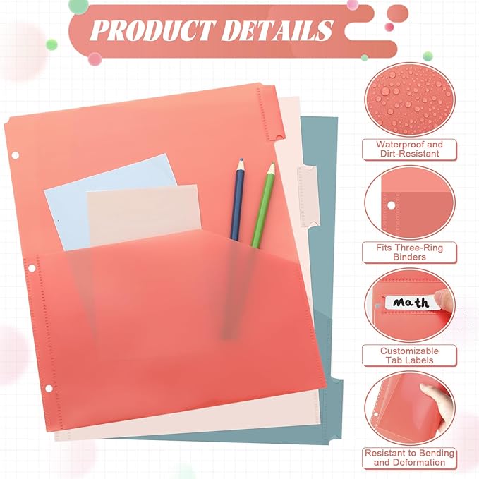 3 Sets 5 Tab Binder Dividers with Pockets for 3 Ring Plastic Binders 9.3 x 11.2 Inches 3 Hole Punched Page Dividers Sturdy Colorful Divider for Office School Business Home Organizer (Vintage Color)
