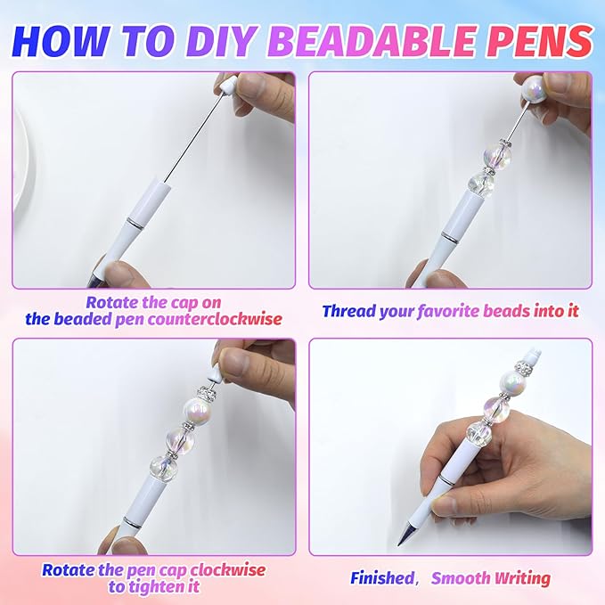 150 Pieces DIY Beadable Pen Kit – 50 Plastic Ballpoint Pens with Refills & Bags – School Supplies, Office Accessories & Decorative Items for Students & Teachers （White）