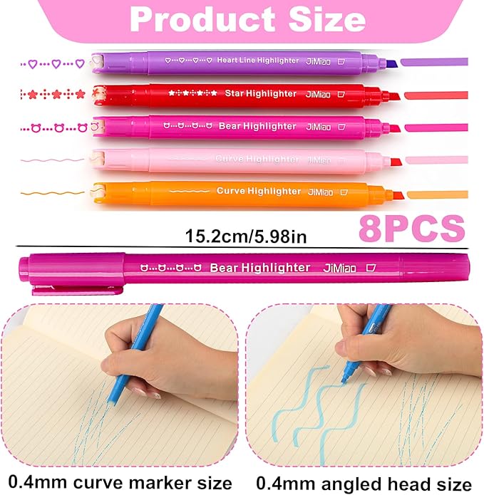8PCS Curve Highlighter Pen Set, 8 Different Shapes Dual Tip Marker Highlighters for Note Taking Journaling Drawing, Colored Curve Pens Set for Planner Back to School Supplies