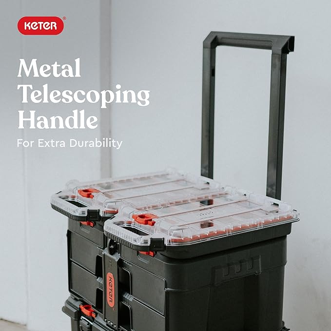 Keter Stack-n-Roll 2.0 Modular Tools Organizer for Garage Storage and DIY, 3 Piece Resin Rolling Tool Box System for Small Parts, Black