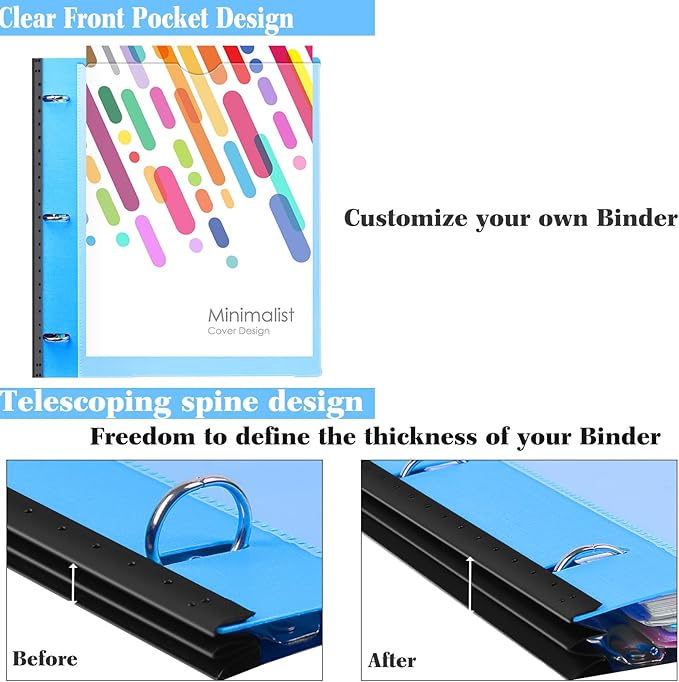 INFUN 1 Inch 3-Ring Telescoping Project Organizer Binder,13 Pocket, Customizable Front Cover, 5 Colors Pocket Divider and Plastic Binder Pocket，225 Sheet Capacity-Blue