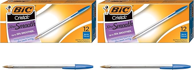 BIC Cristal Xtra Smooth Blue Ballpoint Pens, Medium Point (1.0mm), 12-Count Pack, Extra Smooth and Reliable Ballpoint Pens (Pack of 2)