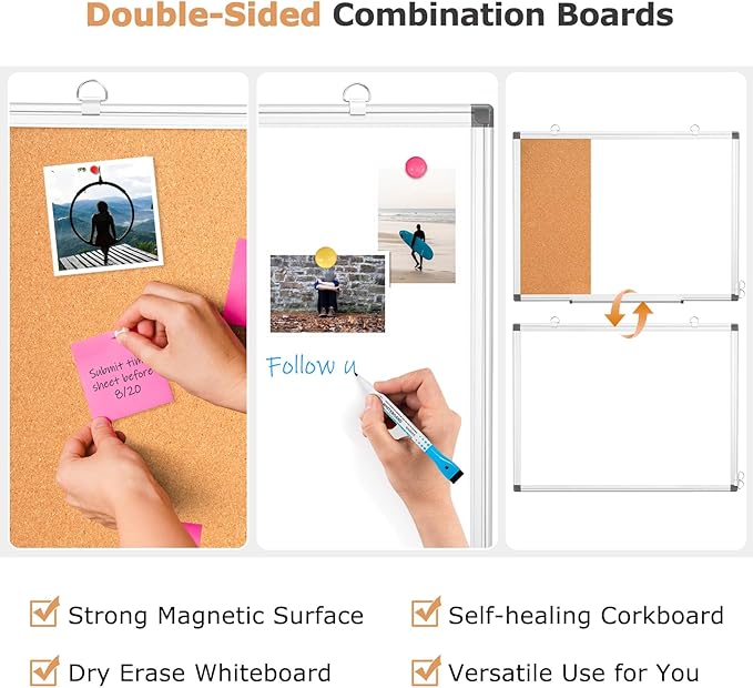 WALGLASS Dry Erase Cork Board Combo, 24"X18" White Bulletin Board for Wall, Magnetic Corkboard Whiteboard Combination, Vision Board for Office, Home, School
