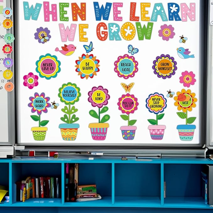 82Pcs Spring Themed Flower Growth Mindset Bulletin Board Set Classroom Decorations When We Learn We Grow Floral Cutouts Positive Sayings Colorful Flower Cutouts for Kids School Offices Supplies