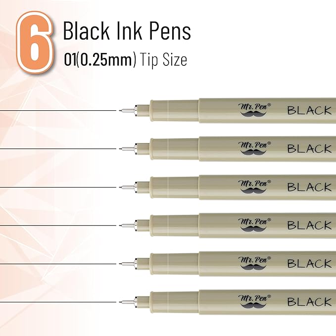 Mr. Pen 0.25mm 6 Pack Black Micro Fine Point Pens for Drawing and Sketching