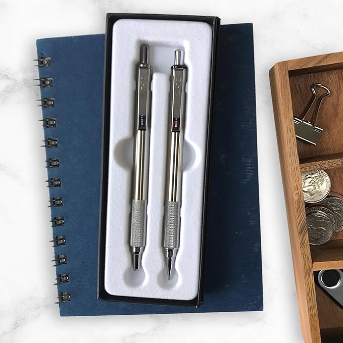 Zebra Pen M/F 701 Stainless Steel Mechanical Pencil and Ballpoint Pen Set, Fine Point, HB Lead and Black Ink, Ideal for Tactical Use, 2-Pack Gift Set (10519)
