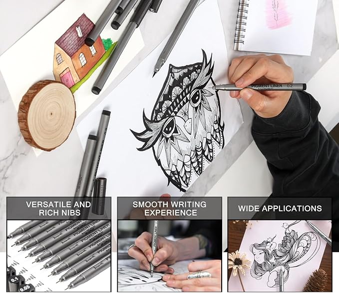 Precision Black Micro-Pen Fineliner Ink Pens, Waterproof Archival Ink, Drawing Pen, Artist Illustration Pens, Multiliner, for Art Watercolor, Sketching, Anime, Manga, Design, 9/Set(Black)