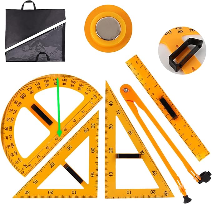 5PCS Magnetic Geometry Set, 60°45°Triangle Ruler Protractor Compass Set with Non Slip Handle, Large Geometry Ruler Drawing Tools for Teachers on Whiteboard Math Classroom