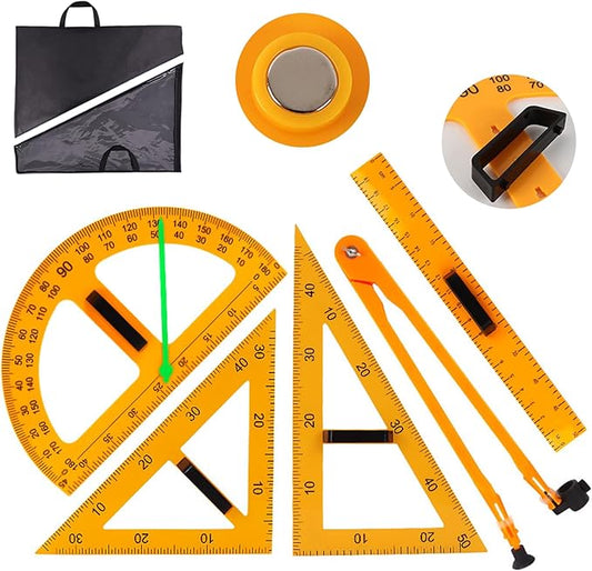 5PCS Magnetic Geometry Set, 60°45°Triangle Ruler Protractor Compass Set with Non Slip Handle, Large Geometry Ruler Drawing Tools for Teachers on Whiteboard Math Classroom
