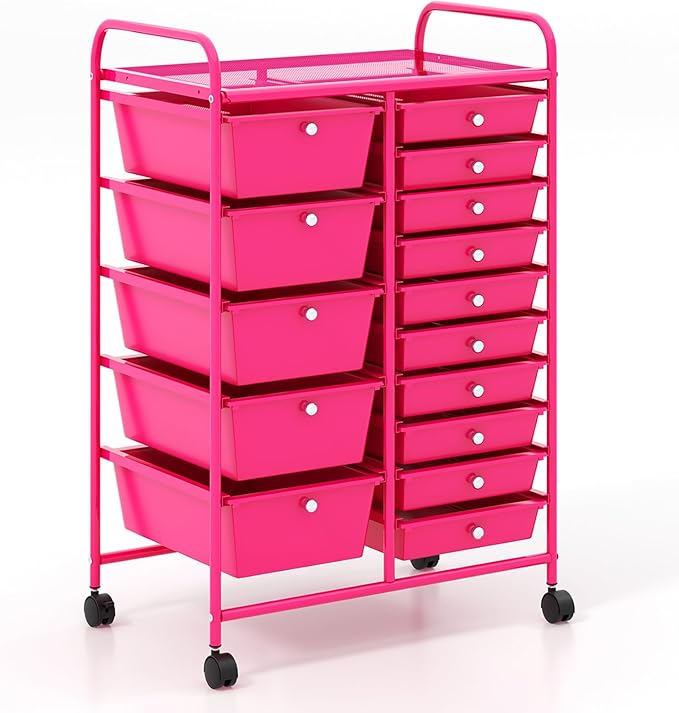 COSTWAY 15 Drawer Rolling Storage Cart, Mobile Utility Cart with Lockable Wheels, Drawers, Multipurpose Organizer Cart for Home, Office, School, Hot Pink