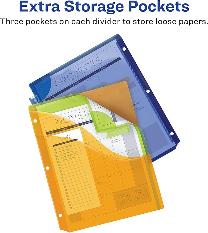 Avery Dividers for 3 Ring Binders, 5 Tab Plastic Binder Dividers, Three-Pocket, Corner Lock, Insertable Big Tabs, Multicolor, Extend Beyond Sheet Protectors, 1 Set (11273)