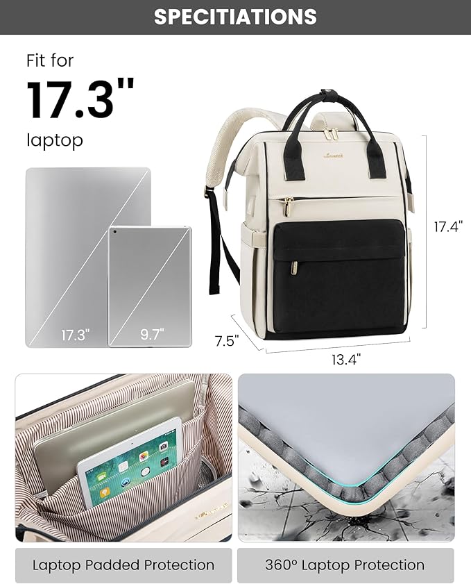 LOVEVOOK Laptop Backpack for Women, 17 Inch Work Teacher Nurse Bag, Large Capacity Business Computer Backpack Purse with USB Port, Stylish Casual Daypack for Travel,Beige&Black