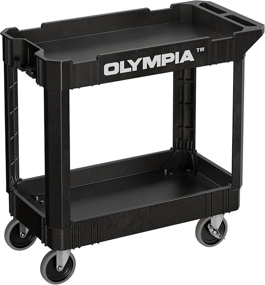 Olympia Tools 2 Tier Rolling Carts with Wheels – 500lbs Heavy Duty Utility Cart, Locking Swivel Wheels – Work Cart for Garage, Service & Industrial Use, Built-in Ruler