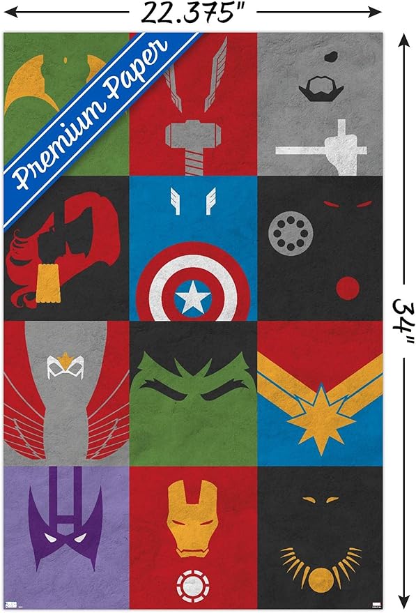 Trends International Marvel Comics - Avengers - Minimalist Grid Wall Poster, 22.375" x 34", Premium Poster & Clip Bundle