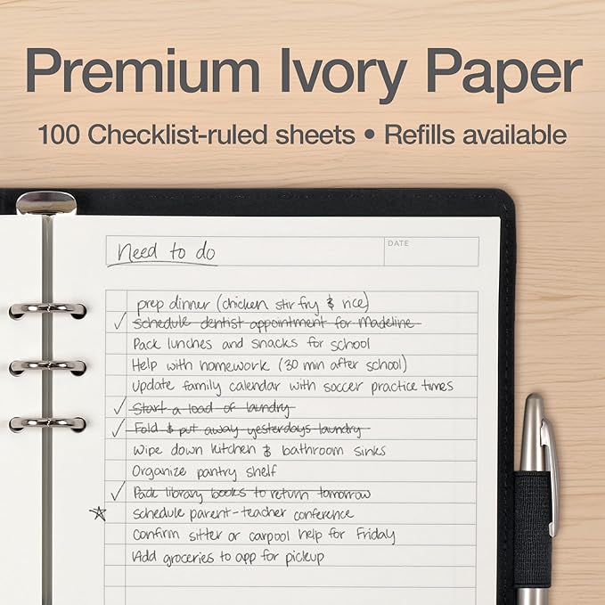 Oxford 6-Ring Professional Notebook, 7 x 9 Inch, Refillable Notebook, Writing Journal, Ivory Paper, 100 Sheets, Black Faux Leather Cover (90004)
