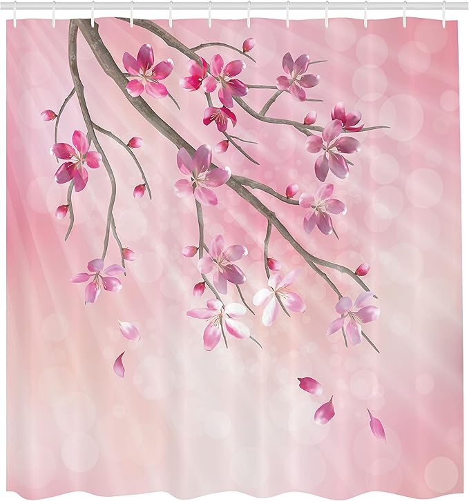 Ambesonne Nature Shower Curtain, Illustration of Spring Tree Branch with Blossoms Sun Beams on Blurred Background, Cloth Fabric Bathroom Decor Set with Hooks, 69" W x 75" L, Pink Fuchsia