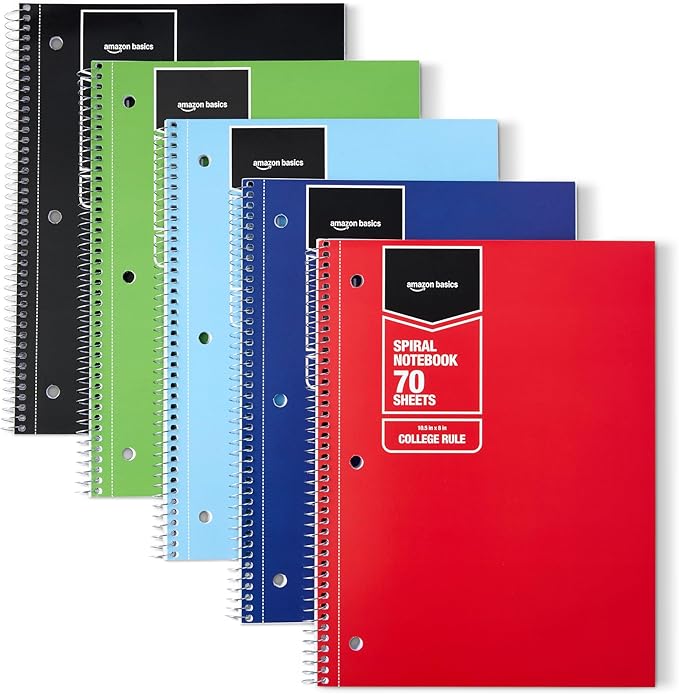 Amazon Basics College Ruled Spiral Notebook, For Work and School, 70 Sheets, 8" x 10.5", Assorted Solid Colors, 5 pack