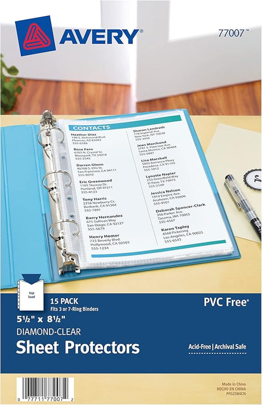 Avery Diamond Clear Heavyweight Sheet Protectors for Mini Binders, Holds 8.5" x 5.5" Sheets, 15ct (77007)