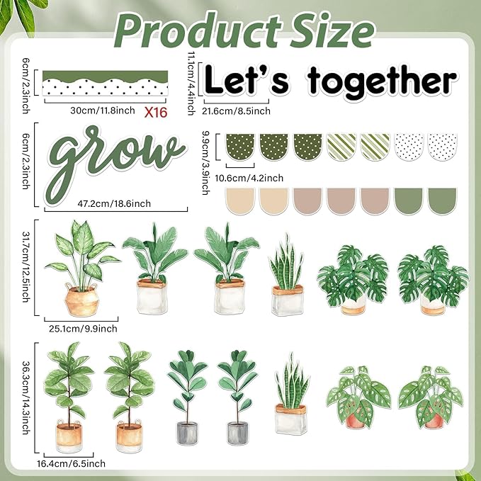 Spring Greenery Classroom Bulletin Board Decorations Potted Plant Bulletin Board Set Motivational Let’s Grow Green Leaves Cutouts for Wall Decor Elementary Back to School Teacher Supplies
