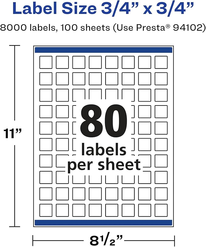 Avery Glossy White Square Labels, Sure Feed Technology, 3/4" x 3/4", 8,000 Glossy White Labels, Print-to-The-Edge, Permanent Adhesive, Laser/Inkjet Printable