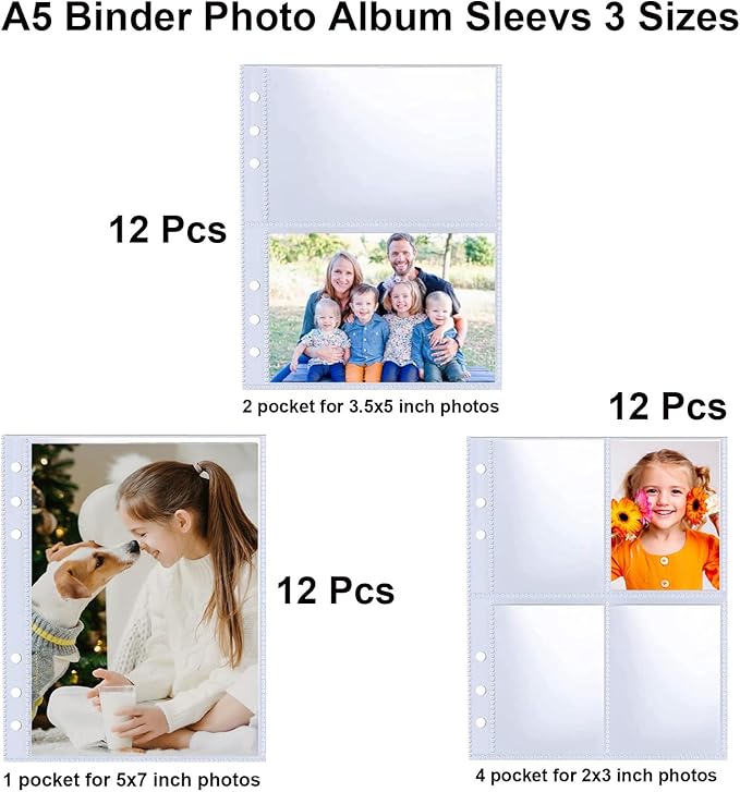 36 Pack Clear Binder Sleeves 1/2/4 Pocket Sheets Protectors for Binder Refill, Photo Card Sticker Postcard Organizer 6 Ring A5 Binder Inserts