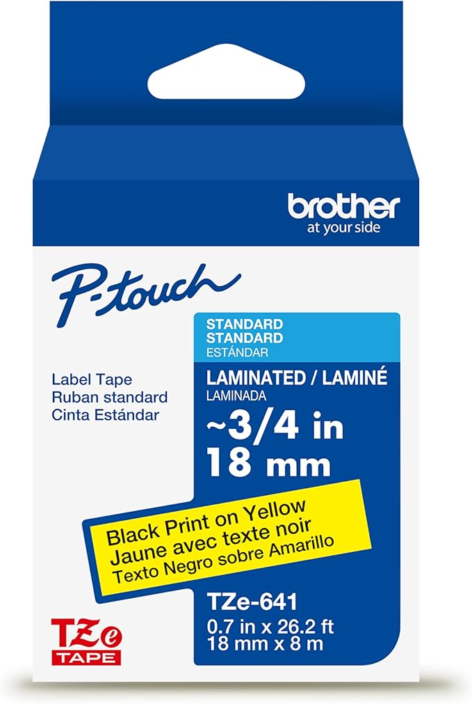 Brother Genuine P-Touch TZe Black Print on Yellow Label Tape (TZe641), Laminated,3/4in x 26.2ft (18mm x 8m), for Select P-Touch Label Makers, Durable, Water-Resistant, Indoor/Outdoor Use