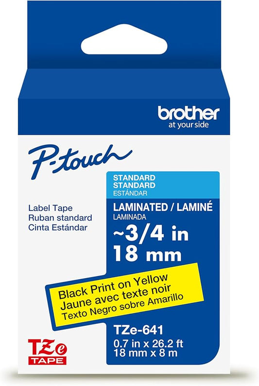 Brother Genuine P-Touch TZe Black Print on Yellow Label Tape (TZe641), Laminated,3/4in x 26.2ft (18mm x 8m), for Select P-Touch Label Makers, Durable, Water-Resistant, Indoor/Outdoor Use