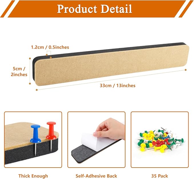 8Pcs Rectangle Felt Cork Board Bar Strips with 35 Pushpins, Self-Adhesive Bulletin Board Strips for Office School Home Wall Decor Stickers Memos Schedules Photos Display -Gradual Purple