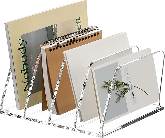 SANRUI Acrylic Desk File Sorter Organizer Holder, 4-Section Clear Vertical Letter File Folder Rack, Notebook Magazine Desktop Binder Mails Storage Bookshelf Upright Divider for Home Office School