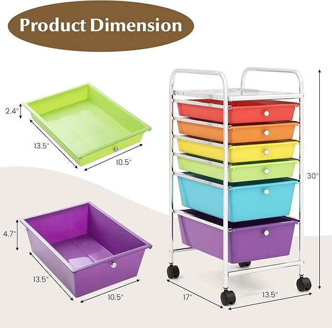 COSTWAY 6-Drawer Rolling Storage Cart, Multifunctional Art Craft Tools Organizer on Wheels, Heavy Duty Utility Mobile Storage Trolley w/ 2 Lockable Wheels for Home Office School (Multi-color)