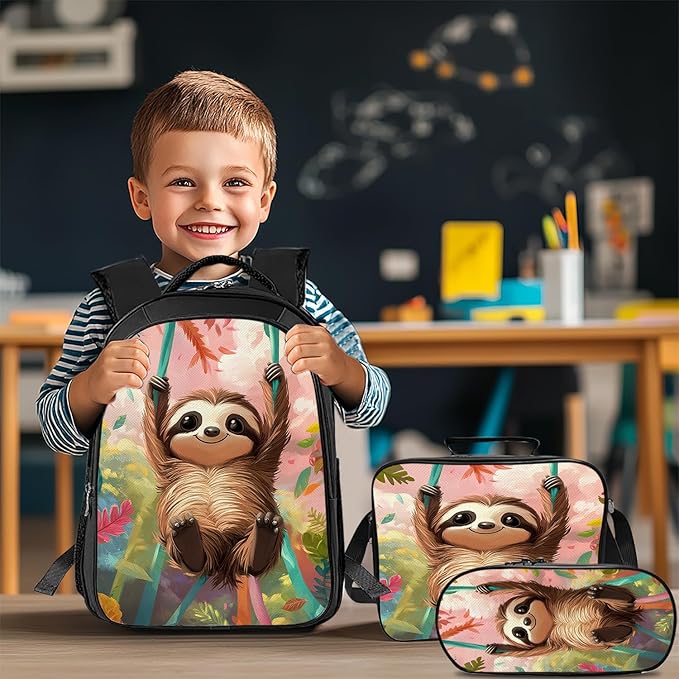Cute Sloth Backpack Set 3 Piece School Bags and Lunch Box with Pencil Case Sloth Animal Bookbag Set for Toddler Kids Girls Boys Teens Kindergarten Elementary Middle