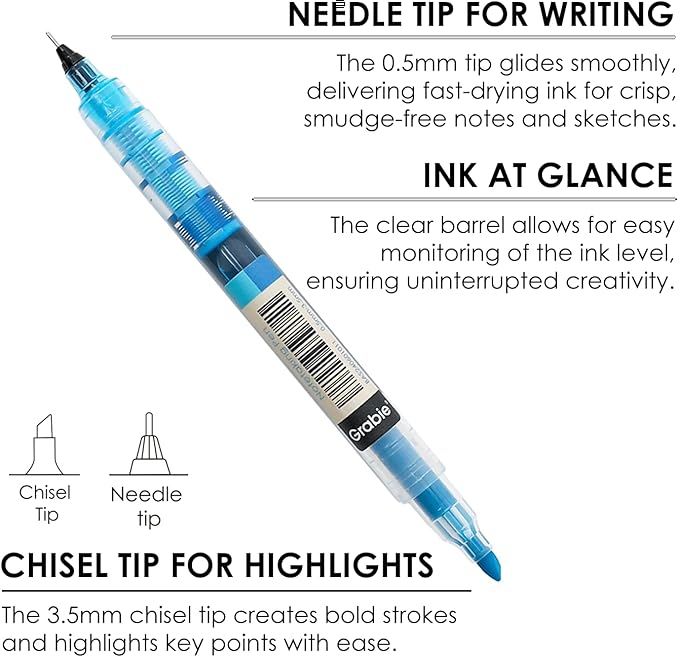 Grabie Dual Tip Notetaking Pens (3.5mm Chisel + 0.5mm Needle) Dual Tip Highlighter Markers for Journaling Colored Pens for Note Taking and Adult Coloring Books (Soft Serenity)