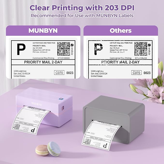 MUNBYN 130B Bluetooth Thermal Label Printer+2 Inch Lavender Purple Circle Thermal Sticker Labels+Purple Label Holder