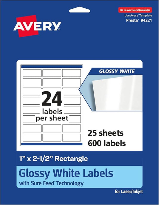 Avery Glossy White Rectangle Labels, Sure Feed Technology, 1" x 2.5", 600 Glossy White Labels, Permanent Adhesive, Laser/Inkjet Printable