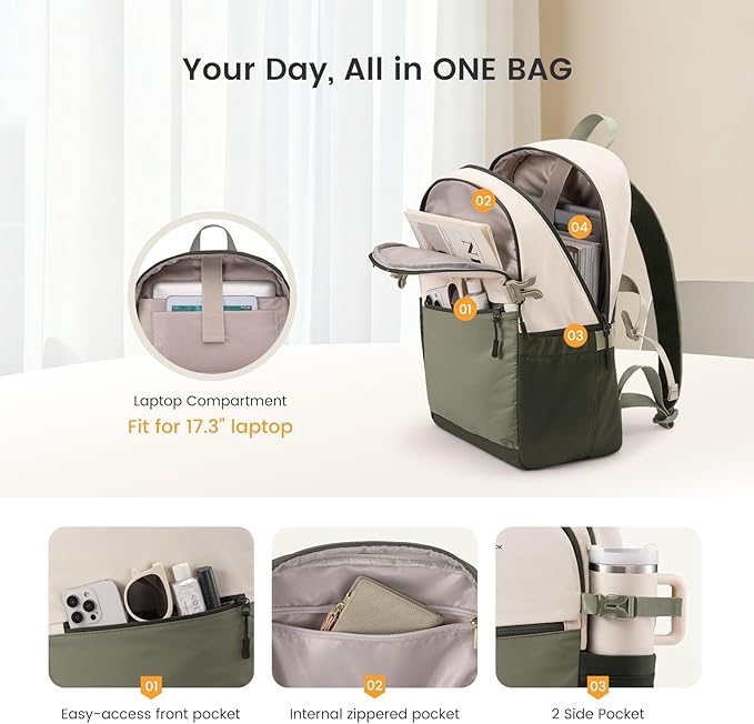 LOVEVOOK Everyday Backpack for Women, Chic Versatile Backpack with Water Bottle Pocket, Lightweight Waterproof Casual Daypack for City Work Commute, College, Travel & Gifts, Beige-Olive Green