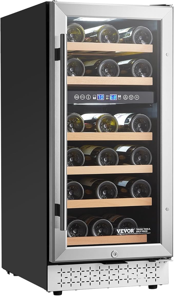 VEVOR Wine Cooler, 28 Bottle Dual Zone Wine Fridge, Mini Wine Cooler Refrigerator with Glass Door, Adjustable Shelves, Digital Temperature Control, Built-in & Freestanding Fridge for Home Office Bar