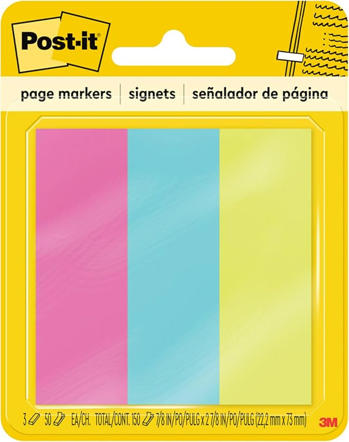 Post-it Sticky Page Markers, Assorted Bright Colors, 7/8″ x 2-7/8″ Repositionable Tabs, Writable Sticky Strips for Books & Documents, 3 Pads (50 Sheets Each), 150 Markers Total