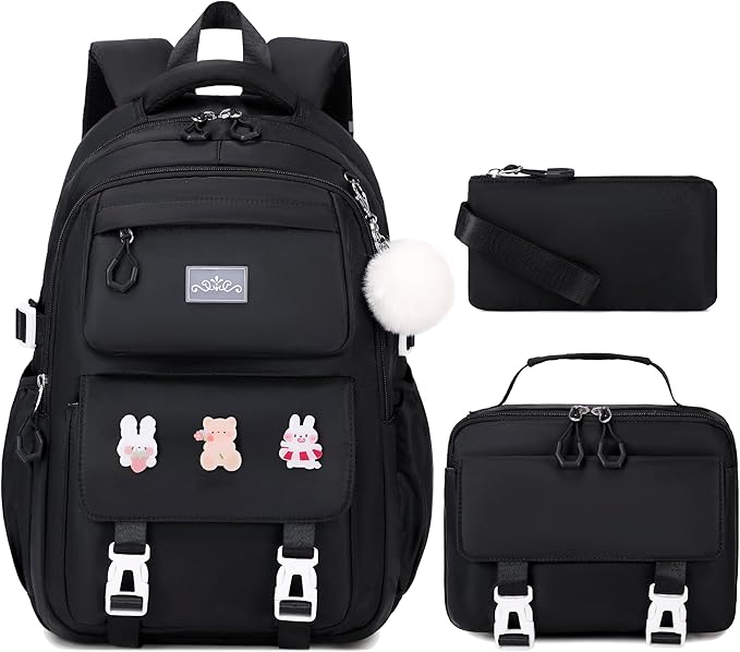 3PCS Girls Backpack for School, Kids Backpack for Girls with Lunch Box Pencil Case Set for Teen Girl Elementary Primary Middle High College School Bookbag with Cute Pins (Black)
