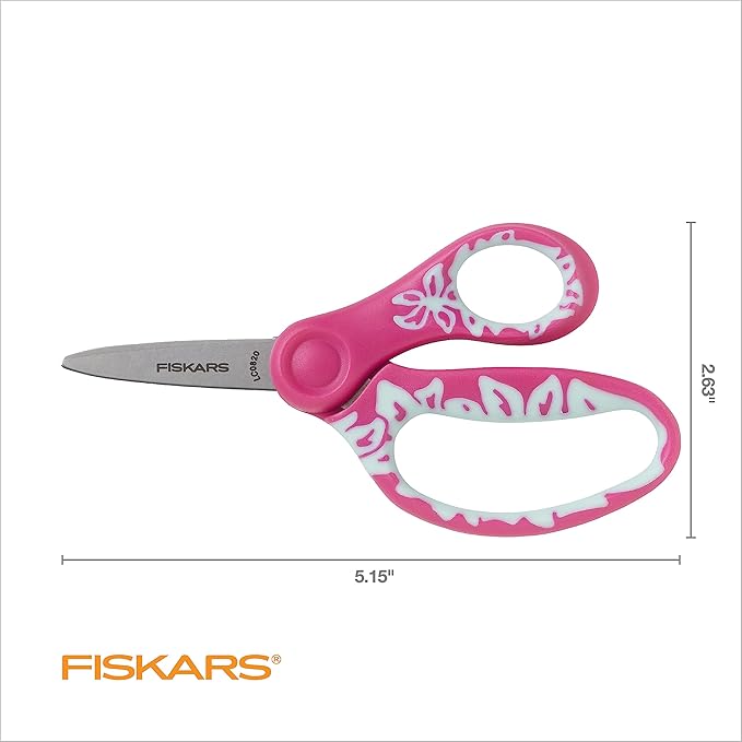 Fiskars 5" SoftGrip Pointed-Tip Scissors for Kids Ages 4-7, Scissors for School or Crafting, Back to School Supplies, Pink/Turquoise Floral